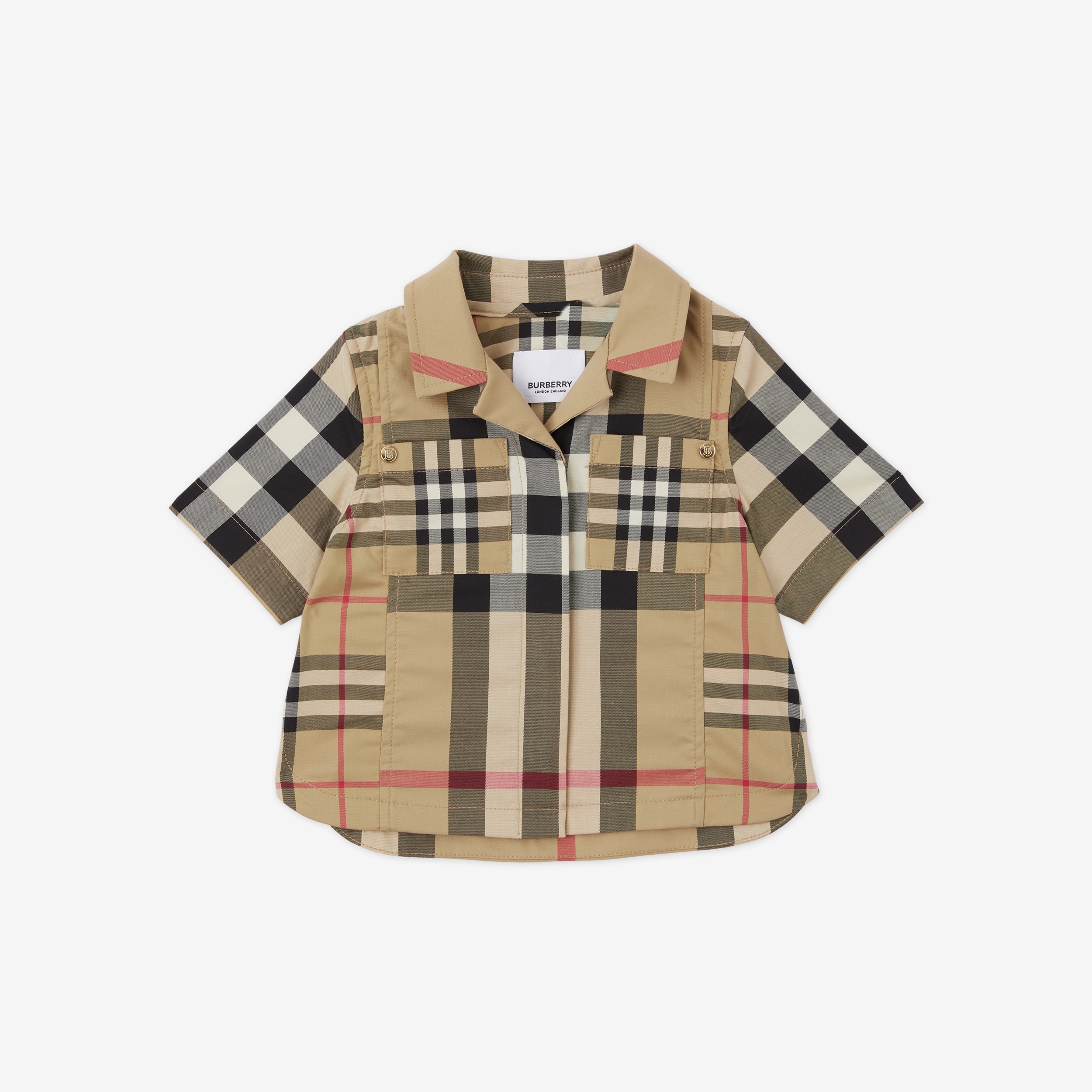 Camisa de mangas curtas em algodão stretch com patchwork xadrez (Bege Clássico) - Crianças | Burberry® oficial - 1