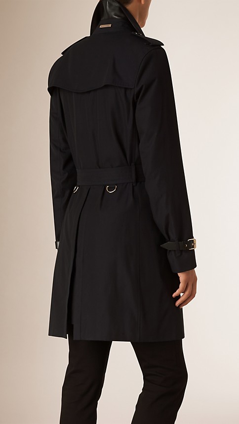 Navy Cotton Gabardine Trench Coat with Leather Trim - Image 3