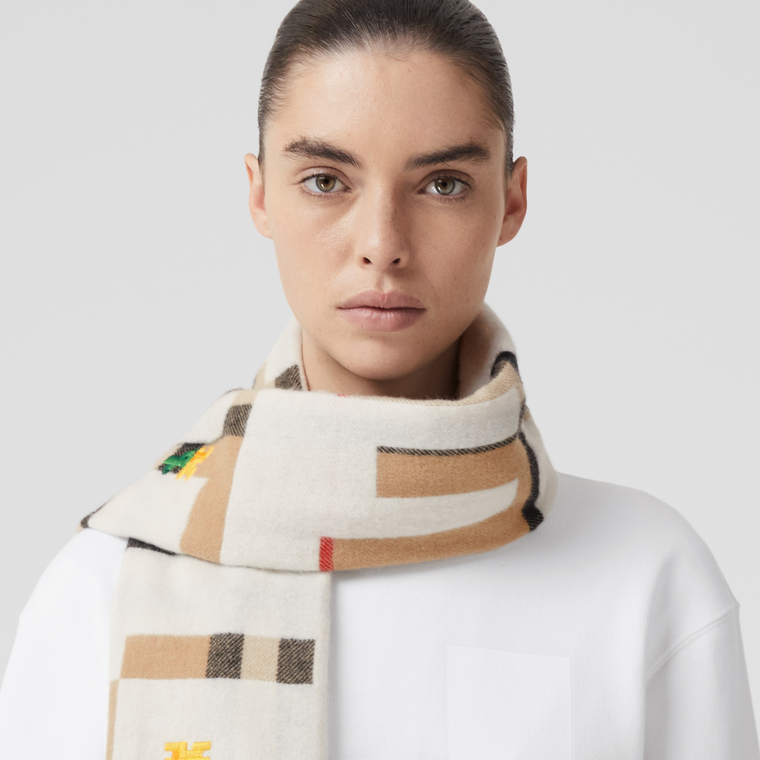 Wide Check Cashmere Scarf in Archive Beige