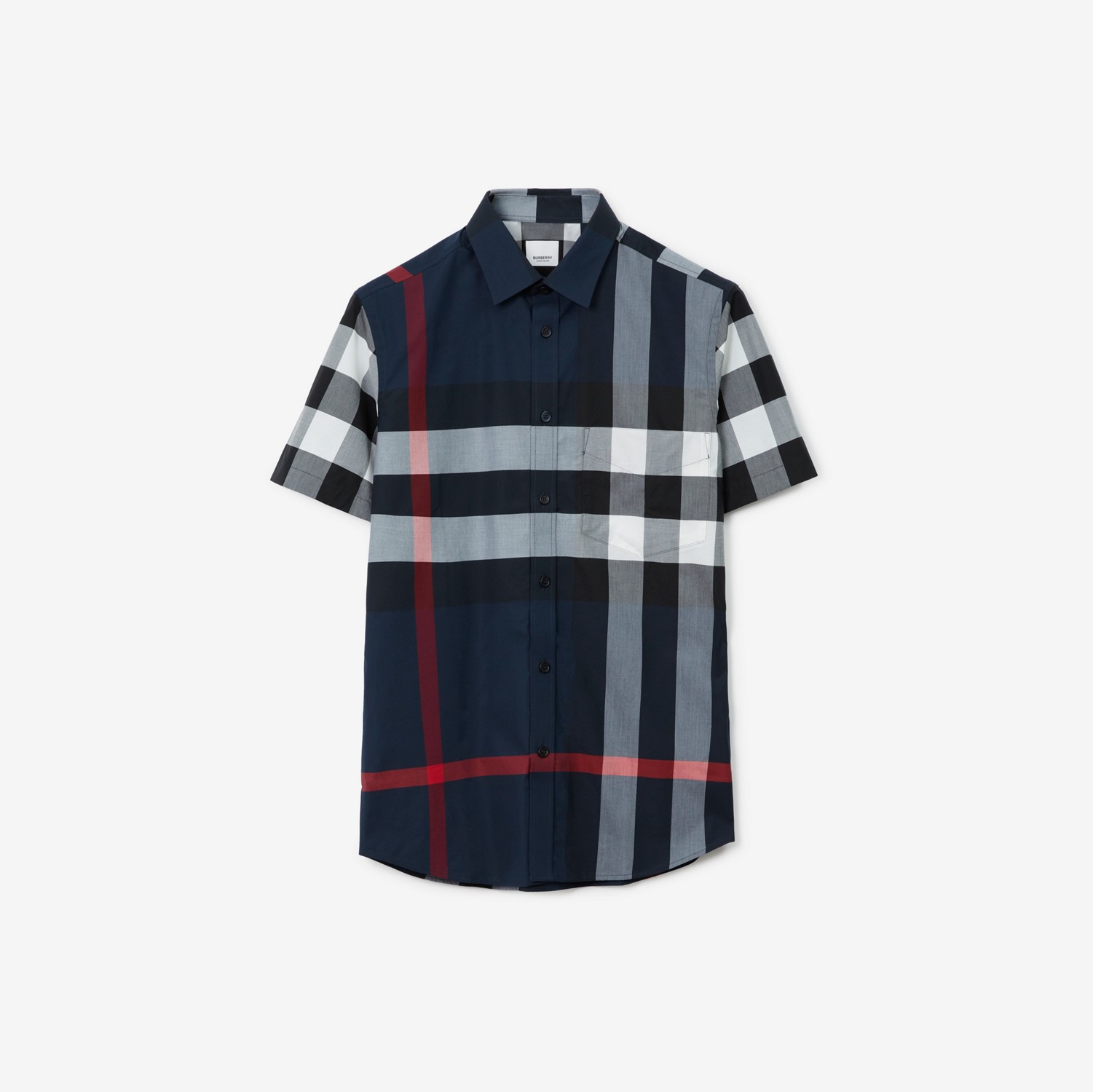 Camisa de mangas curtas em popeline de algodão stretch xadrez (Azul-marinho) - Homens | Burberry® oficial