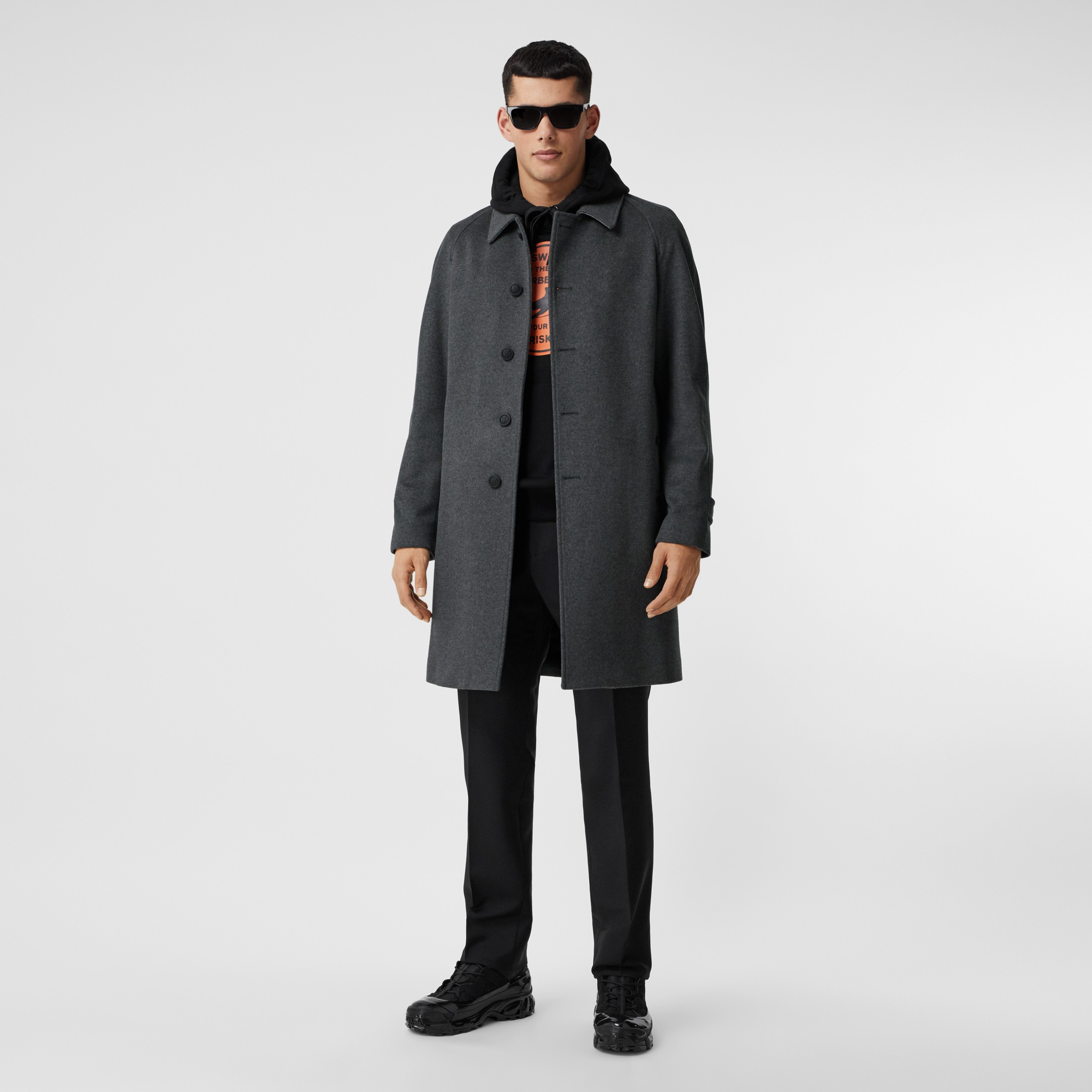 Button Detail Wool Cashmere Car Coat in Charcoal Melange - Men ...