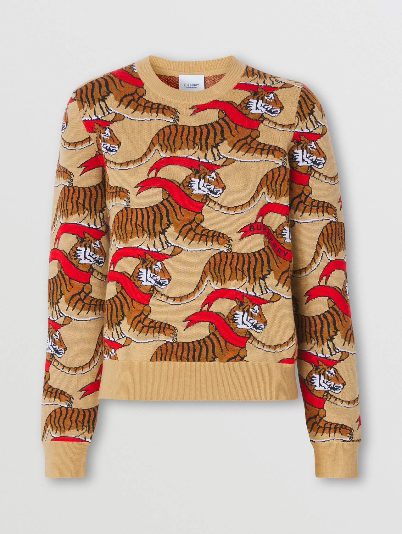 Suéter de lã tecnológica com estampa gráfica de tigre in Bege Mel