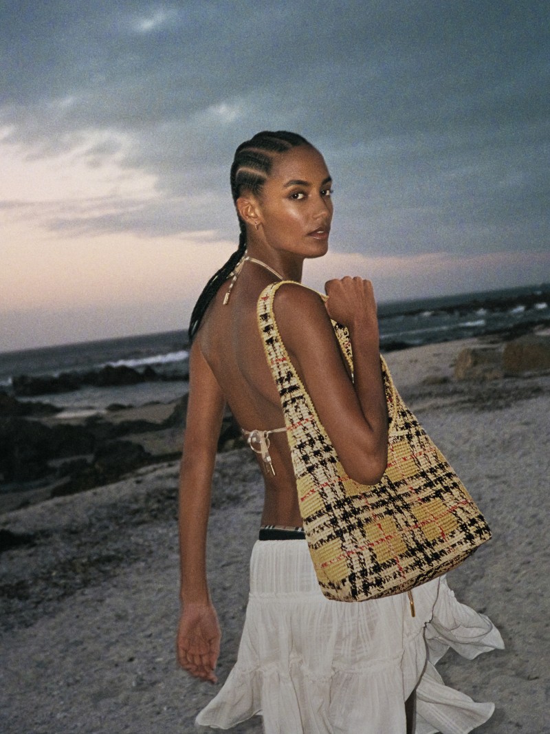 Shot of model, wearing the Small Margate Tote bag, in colour Sand Beige 
