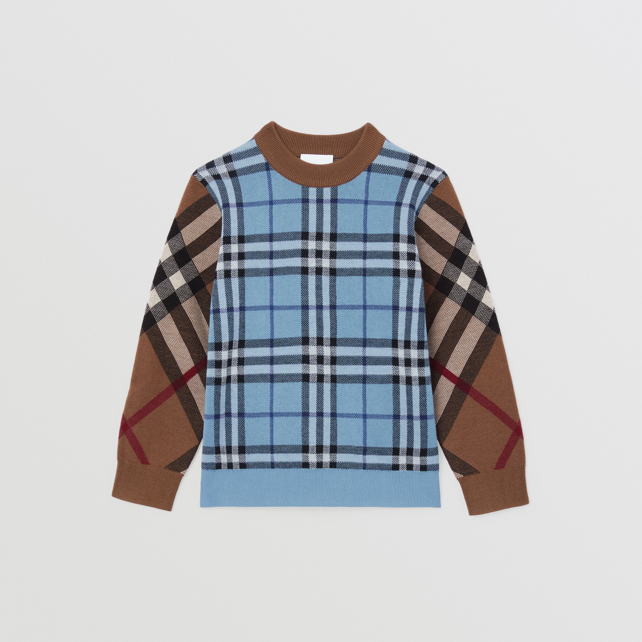 Contrast Check Wool Cotton Blend Sweater in Blue | Burberry® Official - 1