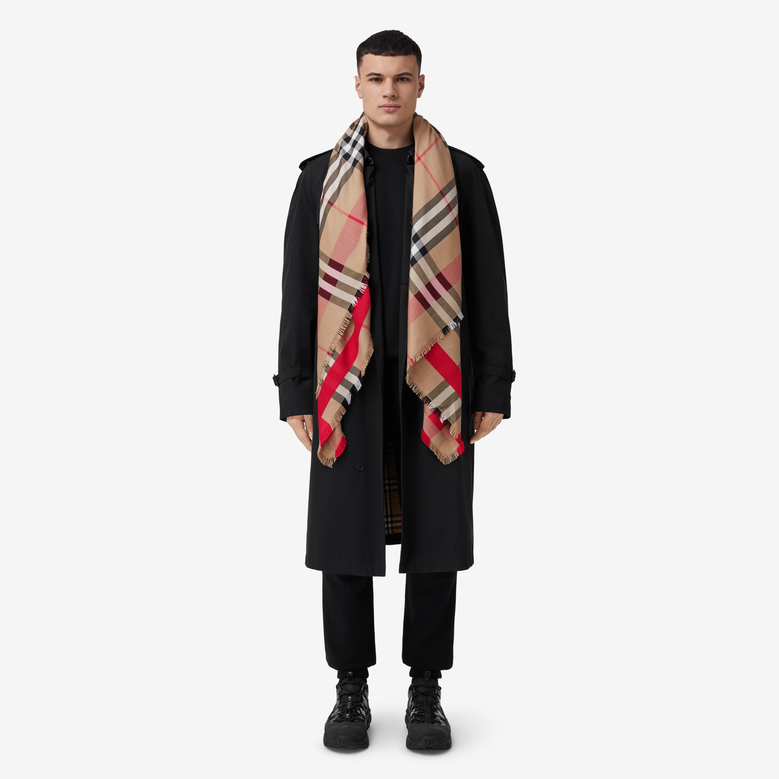 Check Silk Wool Large Square Scarf in Archive Beige | Burberry® Official - 4