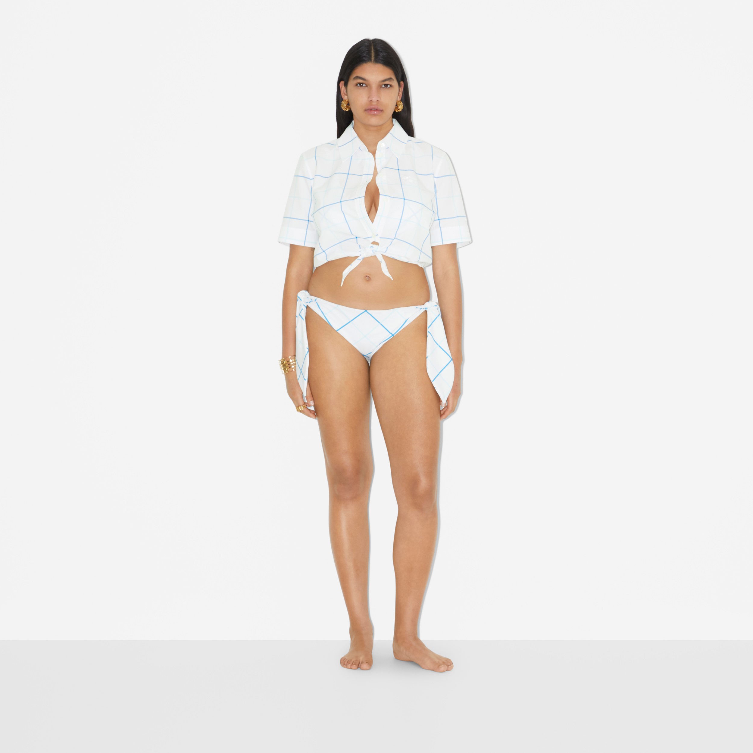 Check Cotton Poplin Cropped Shirt in Bright Cerulean Blue - Women | Burberry® Official - 2