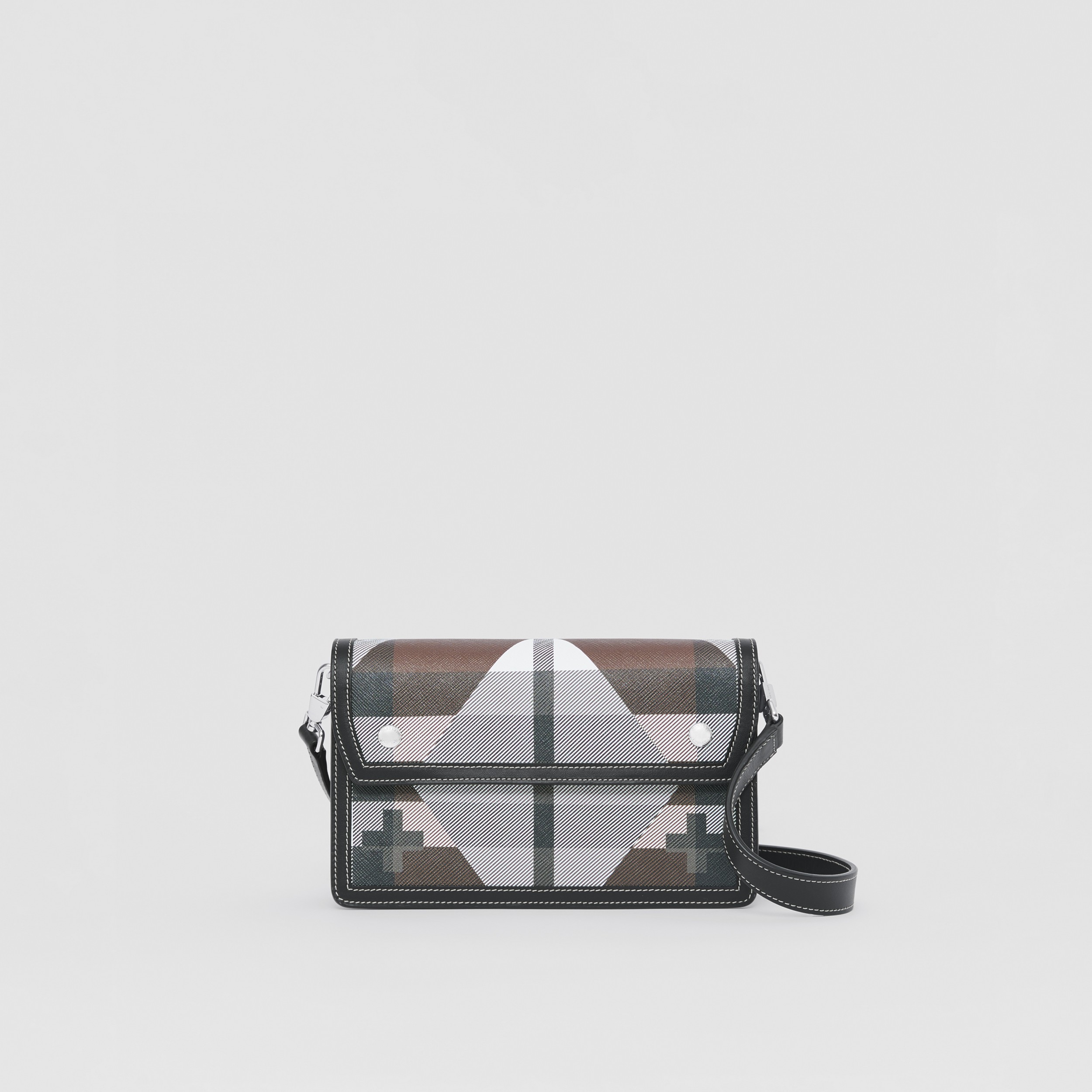 Geometric Check and Leather Crossbody Bag in Dark Birch Brown - Men | Burberry® Official - 1
