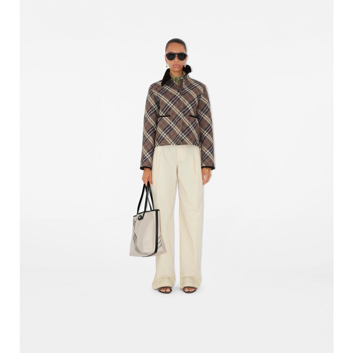 Cropped Check Quilted Cotton Jacket