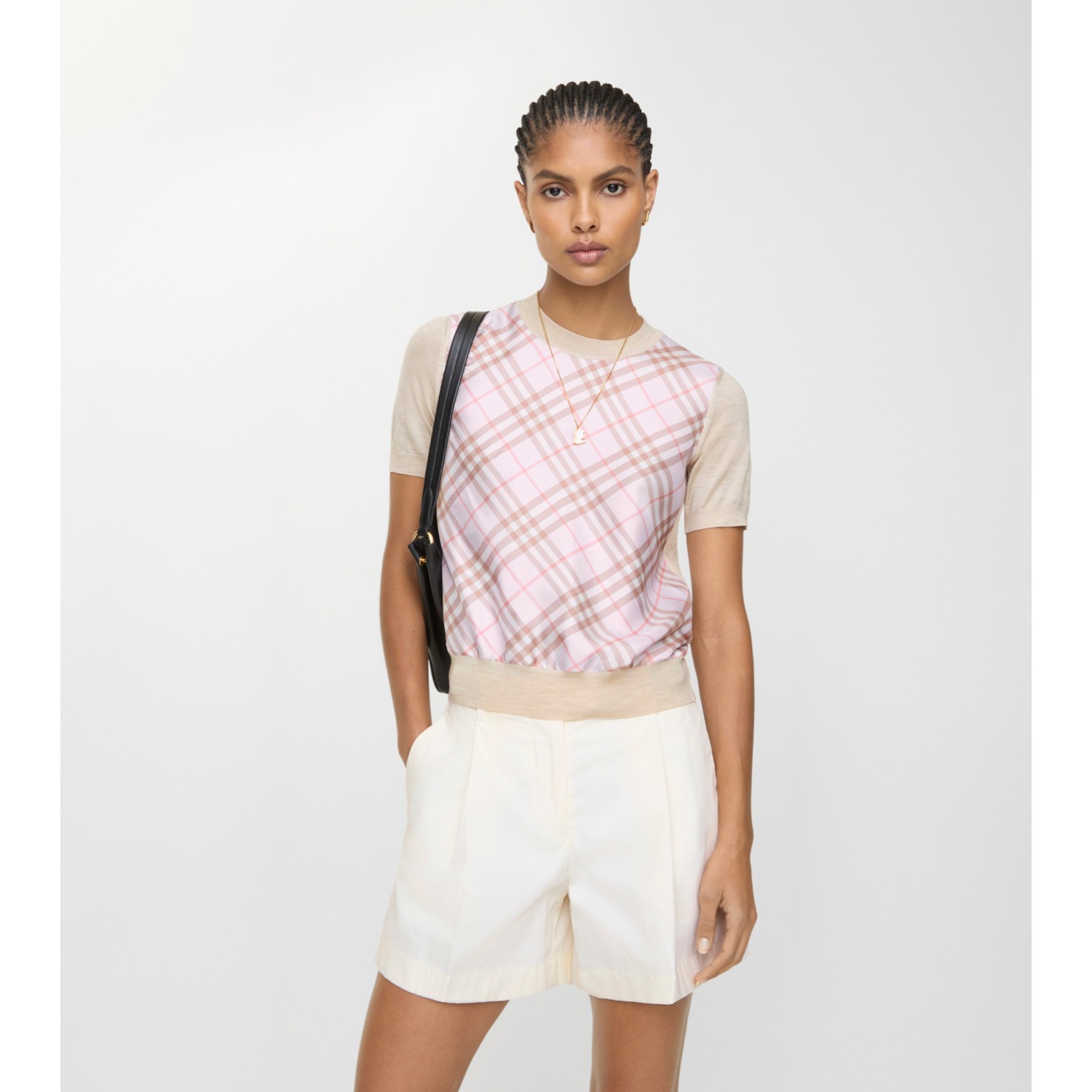 Check Panel Wool Silk T-shirt - thumbnail 5