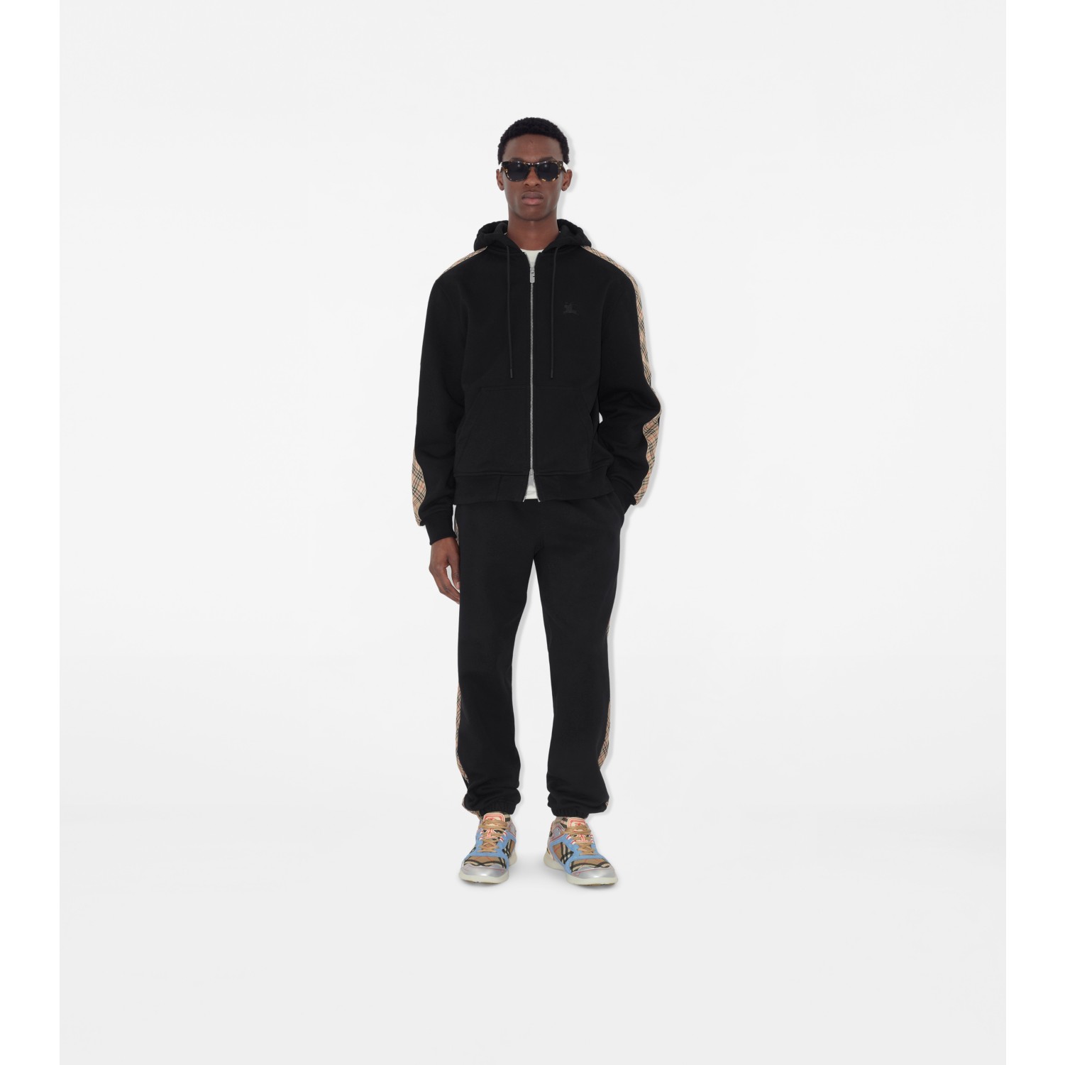 Check Trim Cotton Zip Hoodie