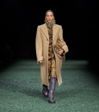 Model in Wool tailored coat in linden and bramble
