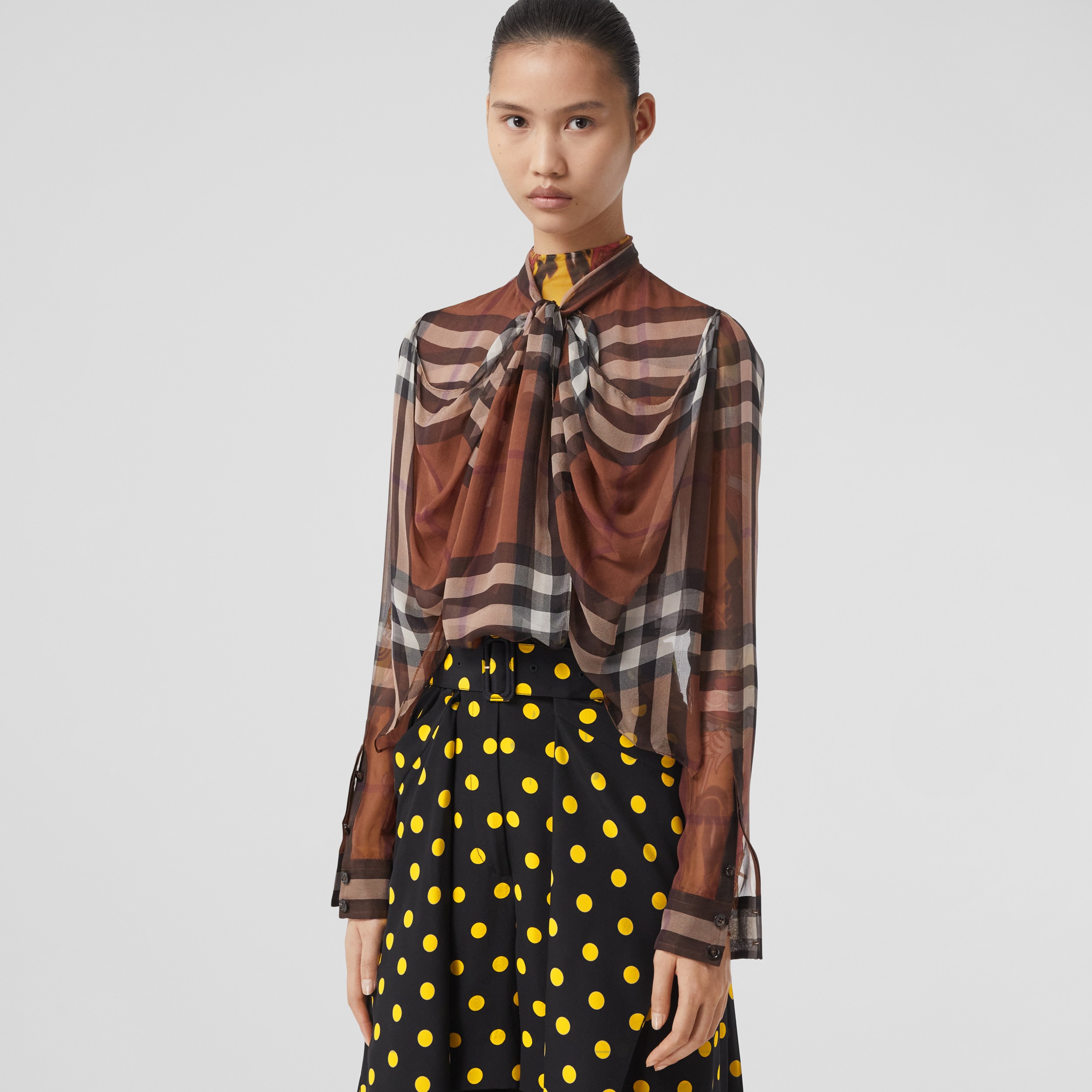 Check Print Silk Chiffon Pussy-bow Blouse in Dark Birch Brown - Women | Burberry® Official - 1