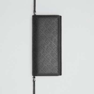 perforated logo leather wallet with detachable strap