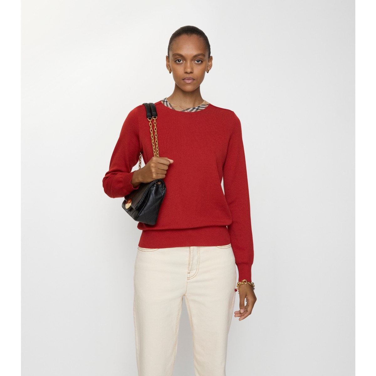  Check Trim Wool Sweater