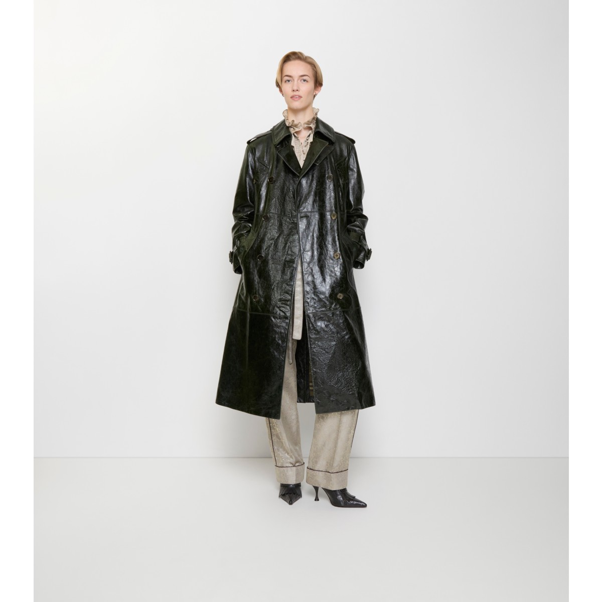  Check Long Embossed Leather Trench Coat