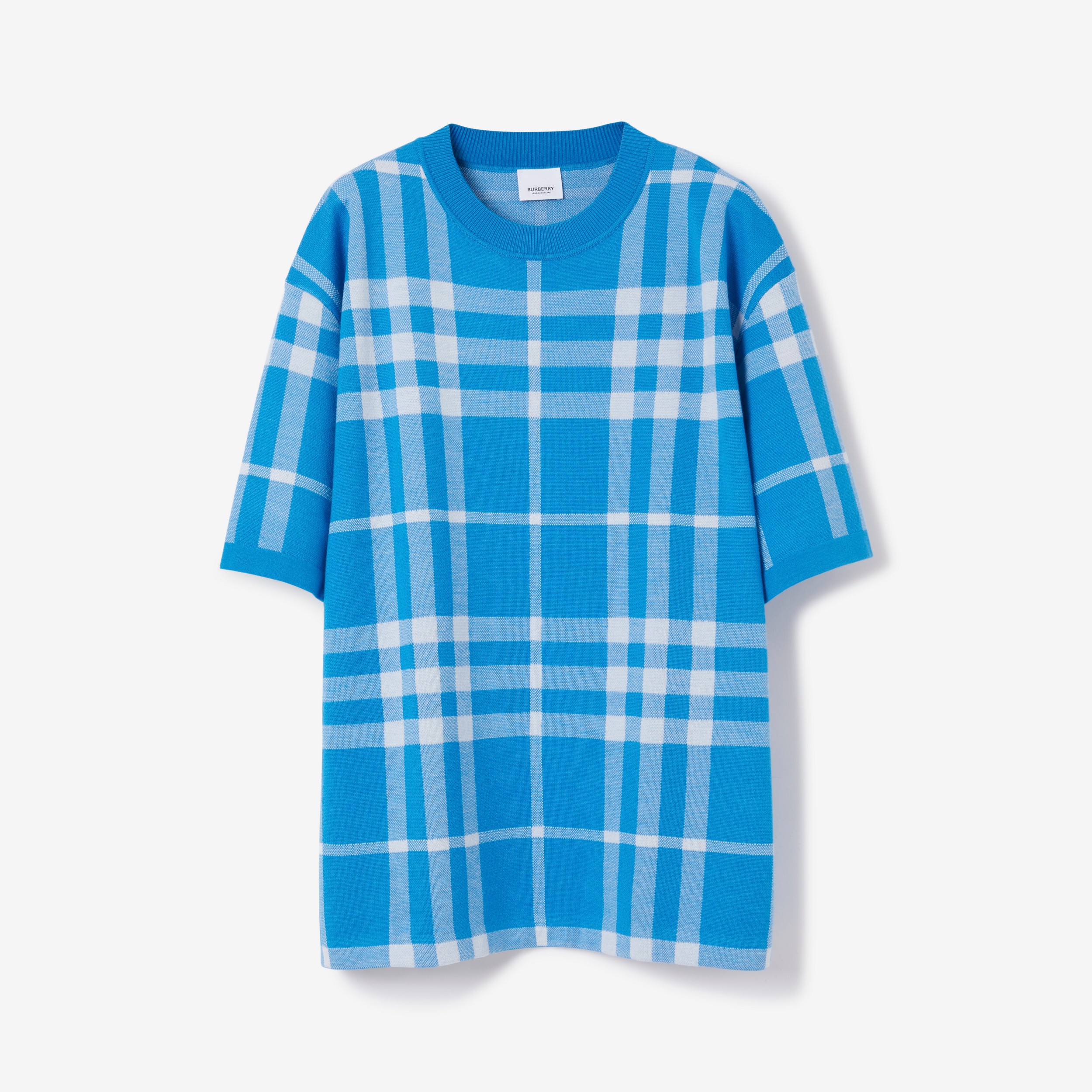 Short-sleeve Check Silk Wool Jacquard Top in Vivid Blue - Men | Burberry® Official - 1