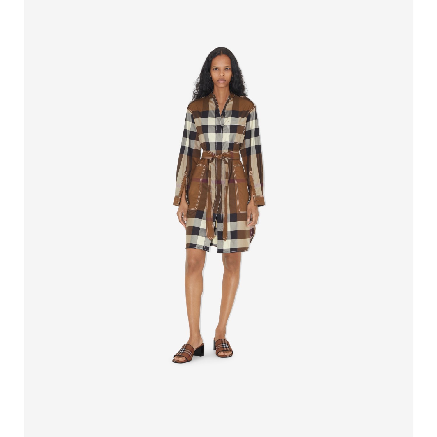Check Cotton Shirt Dress in Dark birch brown - Women | Burberry® Official