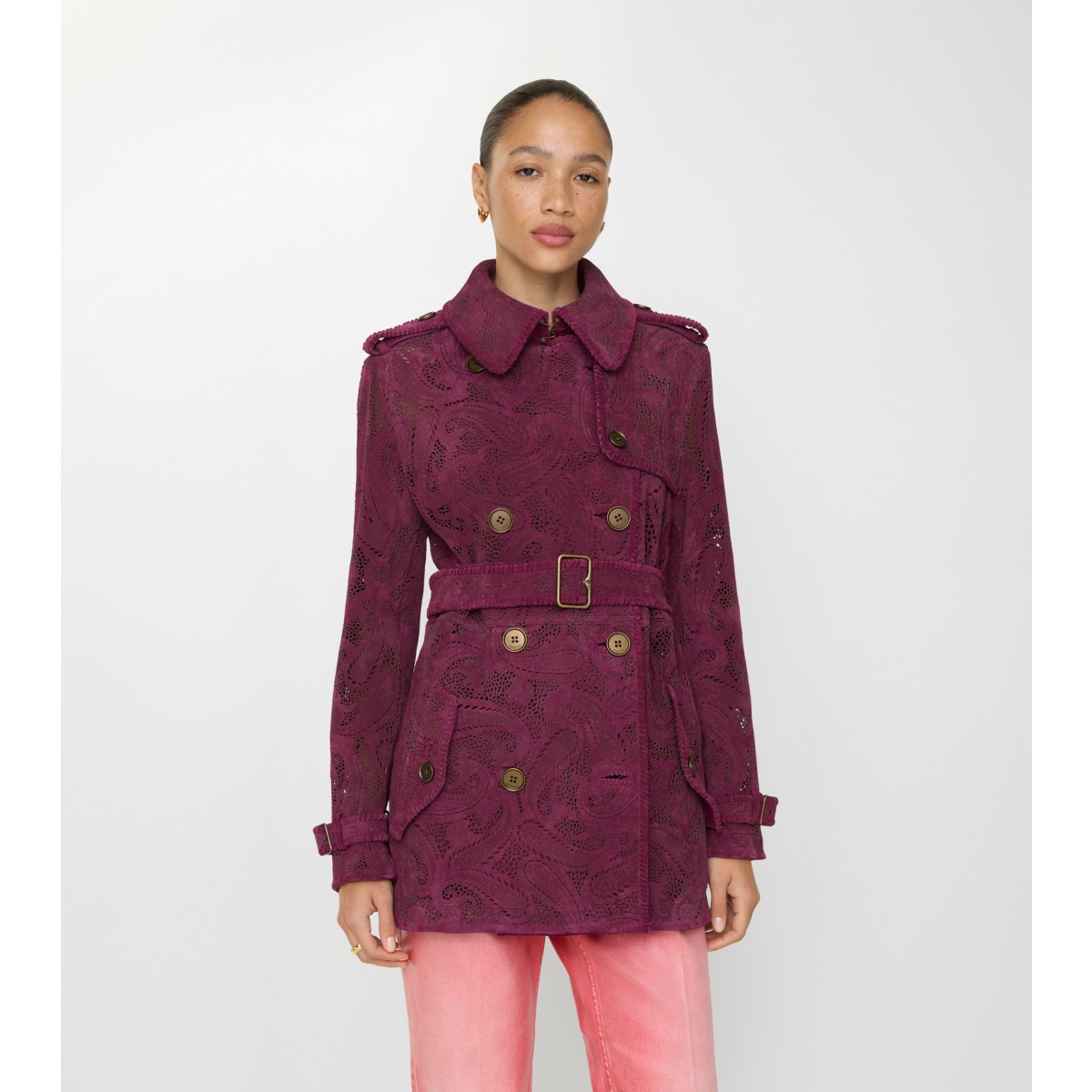  Check Short Paisley Suede Foxfield Trench Coat