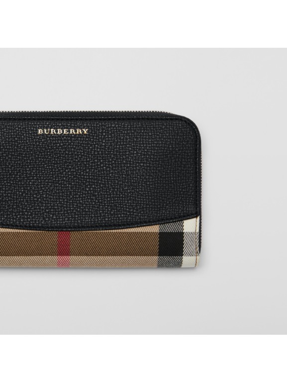 House Check and Leather Ziparound Wallet in Black - Women | Burberry ...