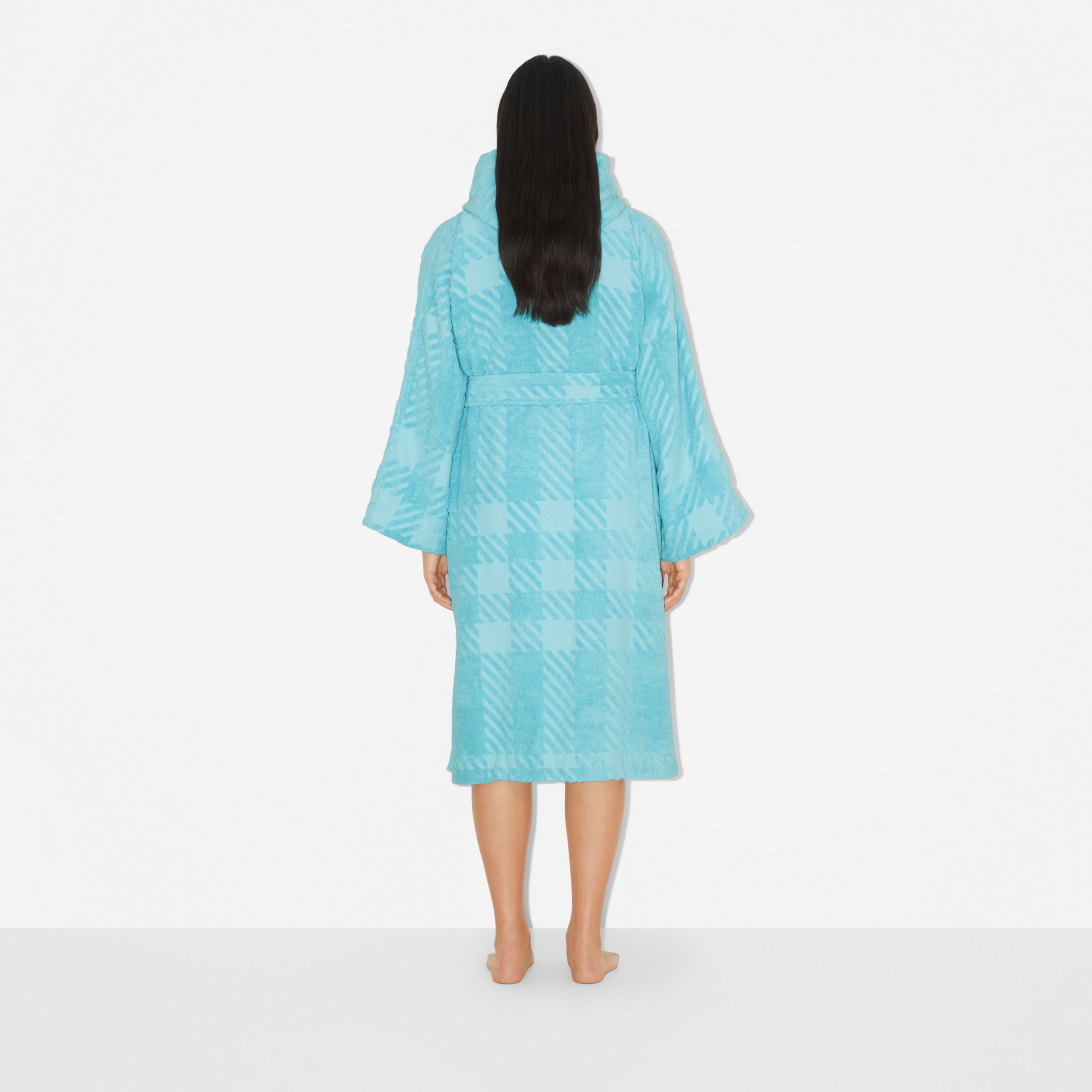 Check Cotton Jacquard Hooded Robe in Bright Blue Topaz | Burberry® Official - 3