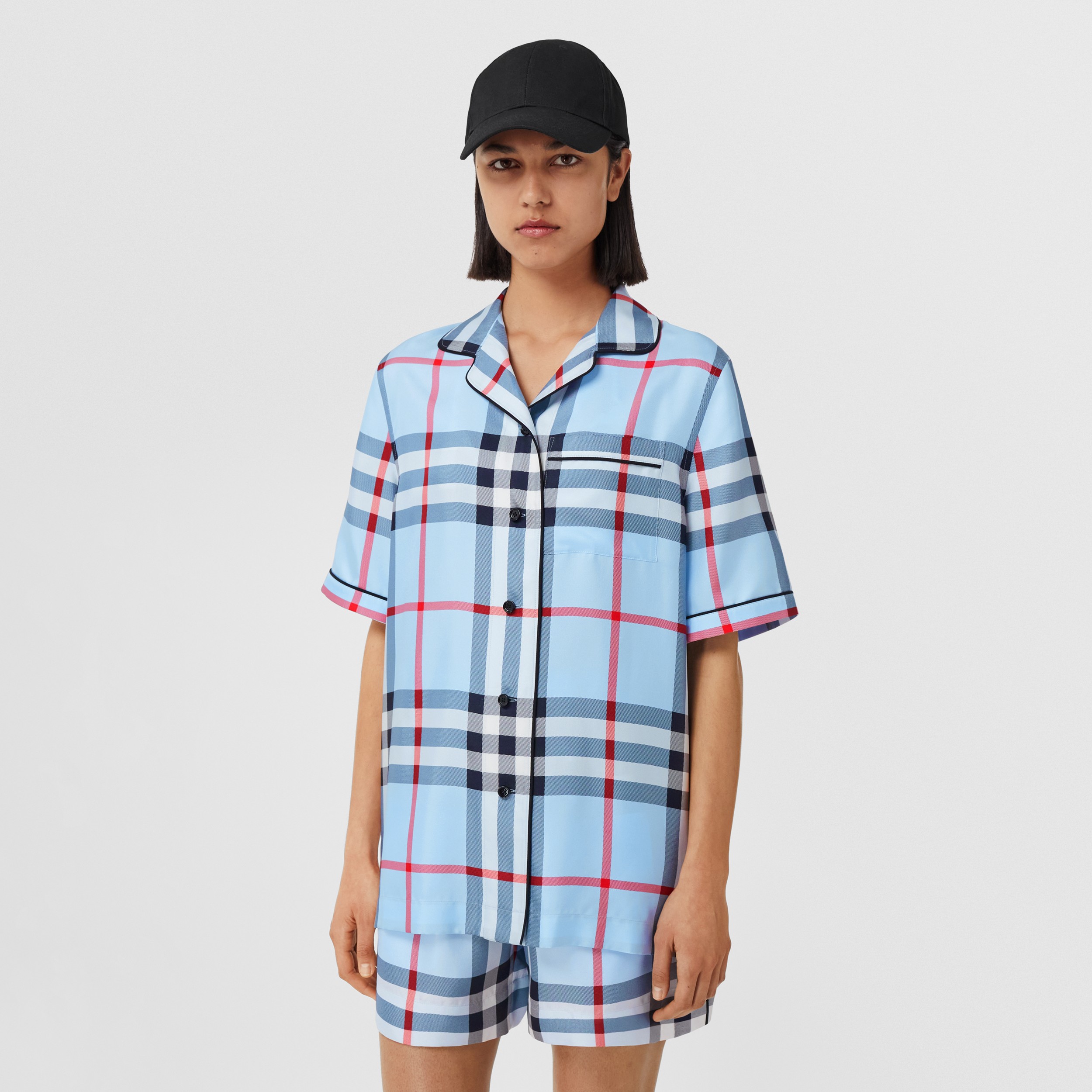Check Silk Pyjama Shirt in Pale Blue - Women | Burberry® Official - 1