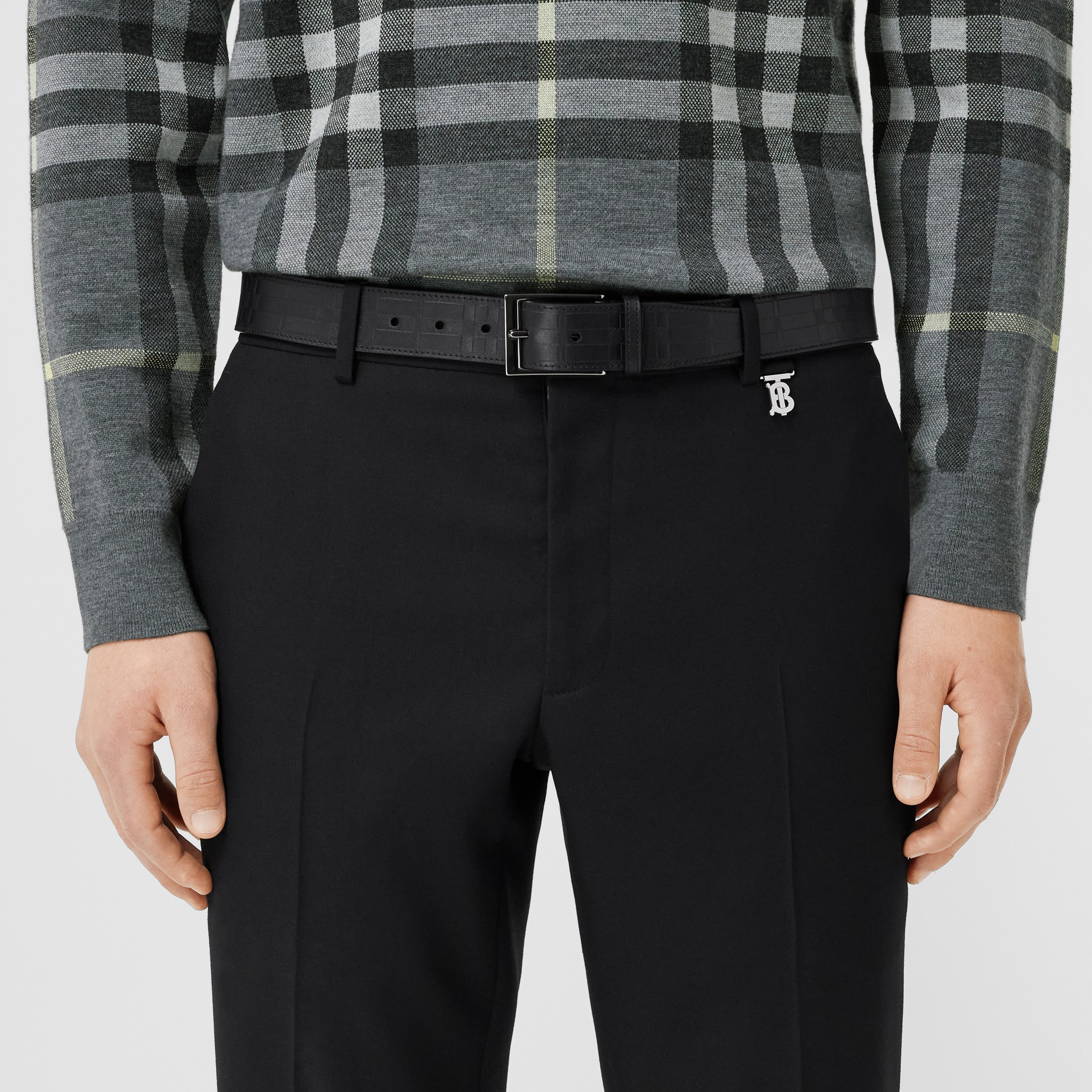 Embossed Check Leather Belt in Black - Men | Burberry® Official - 3