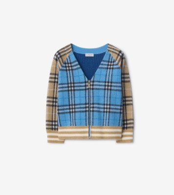 Check Wool Zip Cardigan in Cornflower blue | Burberry® Official