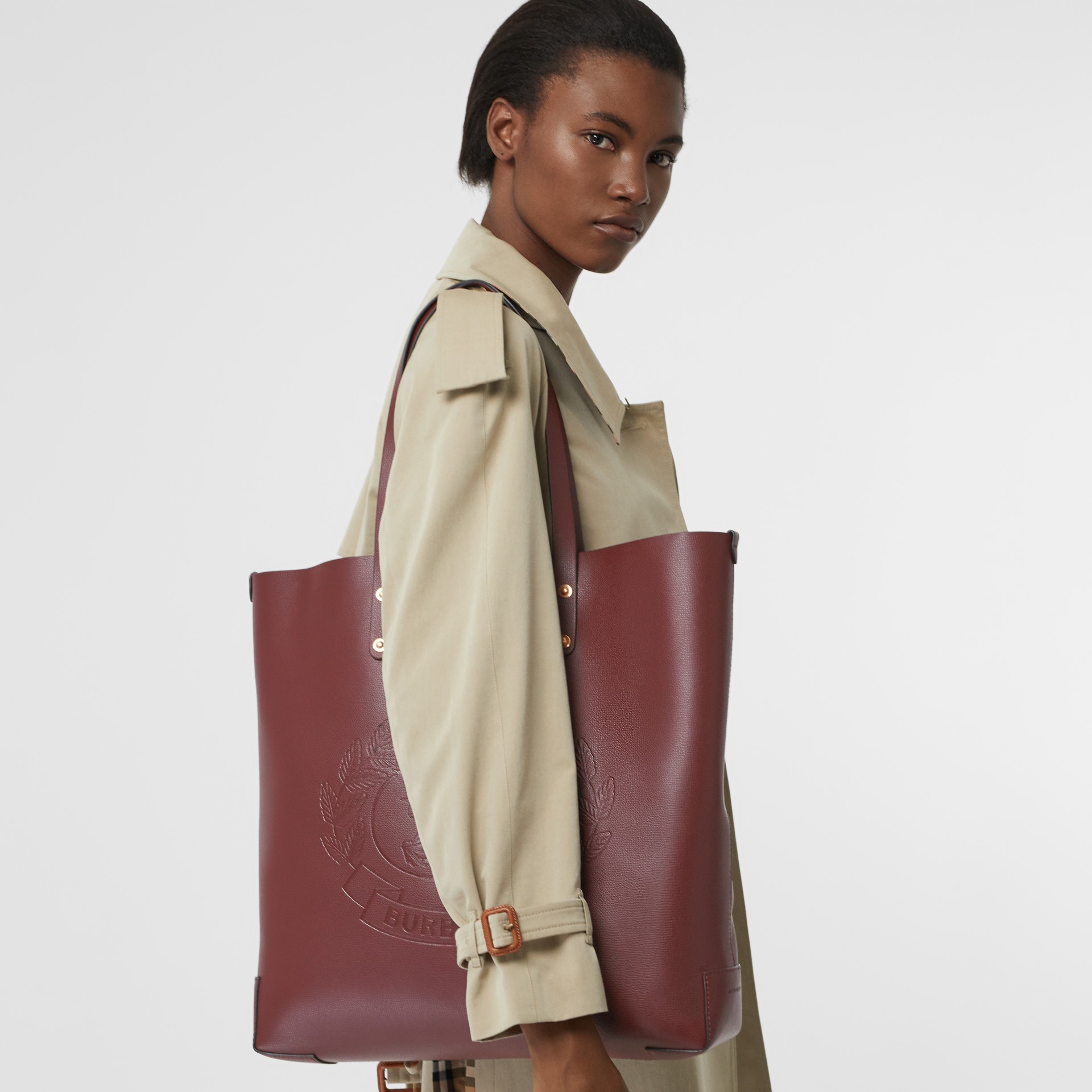 Large Embossed Crest Leather Tote in Burgundy - Women | Burberry United ...