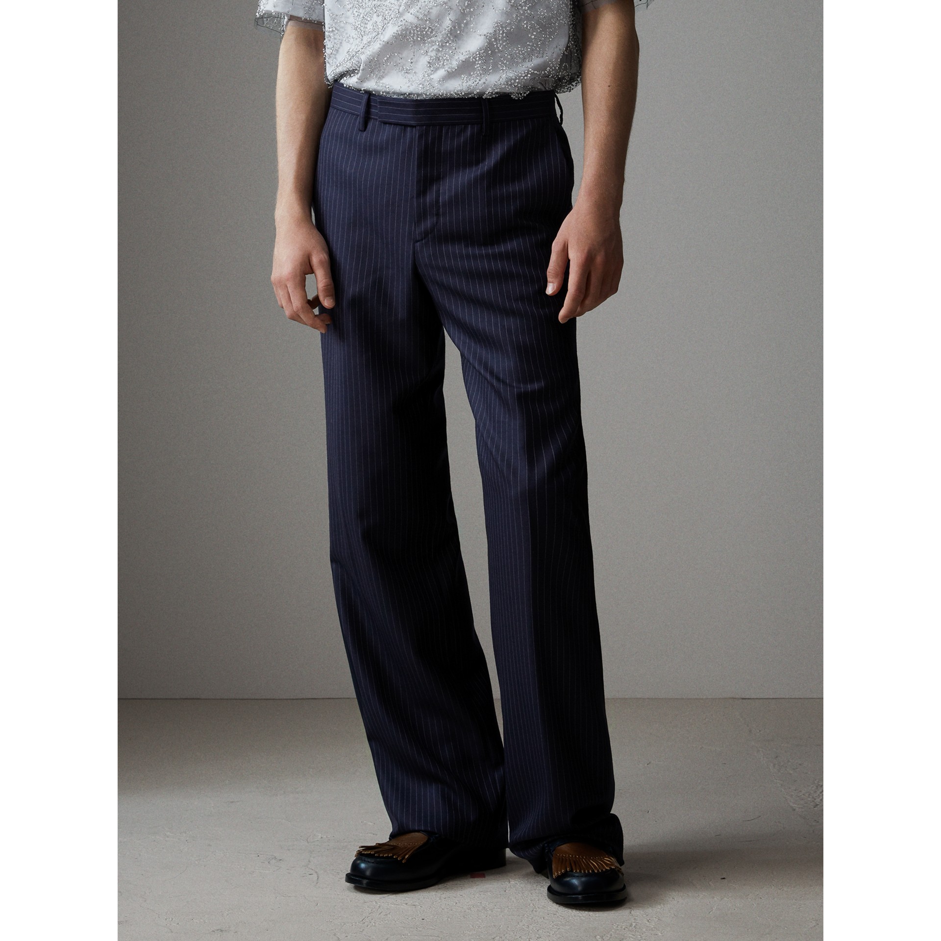 pinstripe navy trousers