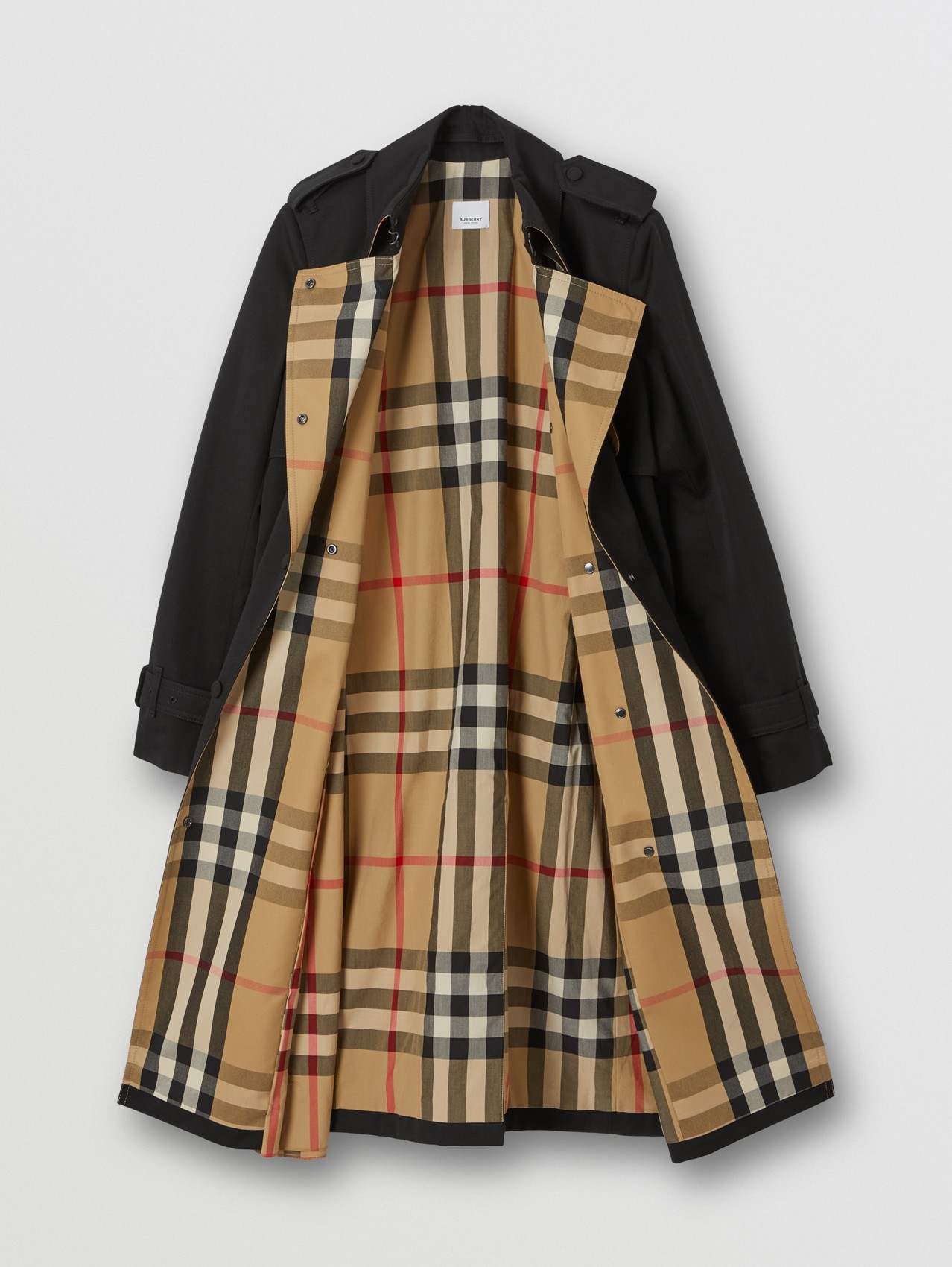 Trench coat in gabardine di cotone con pannelli con motivo tartan (Nero)