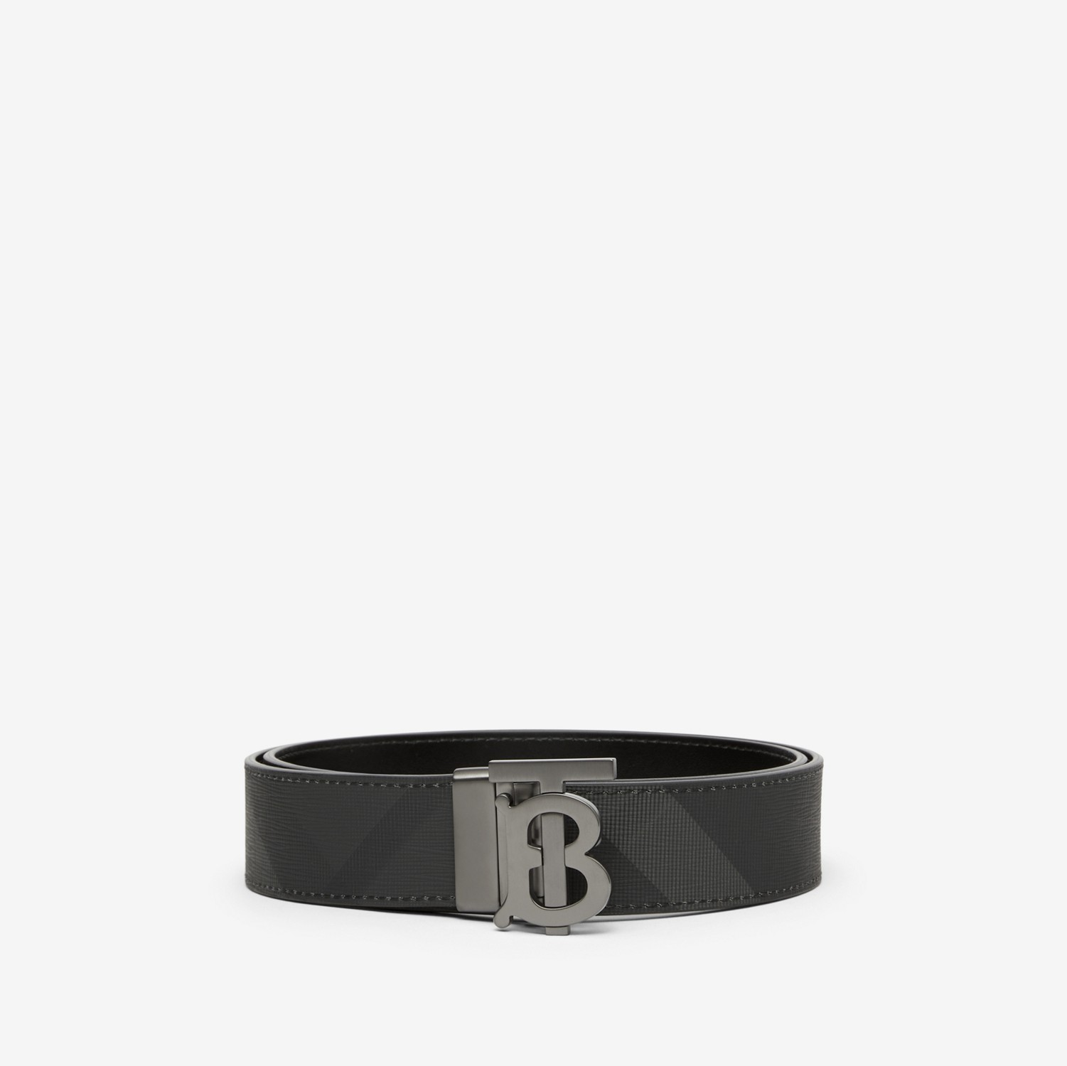 Check and Leather Reversible TB Belt in Charcoal/graphite - Men | Burberry® Official