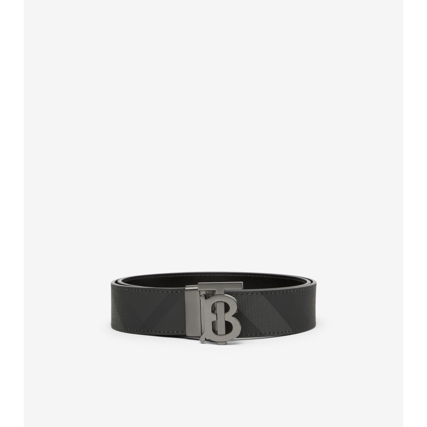 Check and Leather Reversible TB Belt in Charcoal/graphite - Men | Burberry® Official