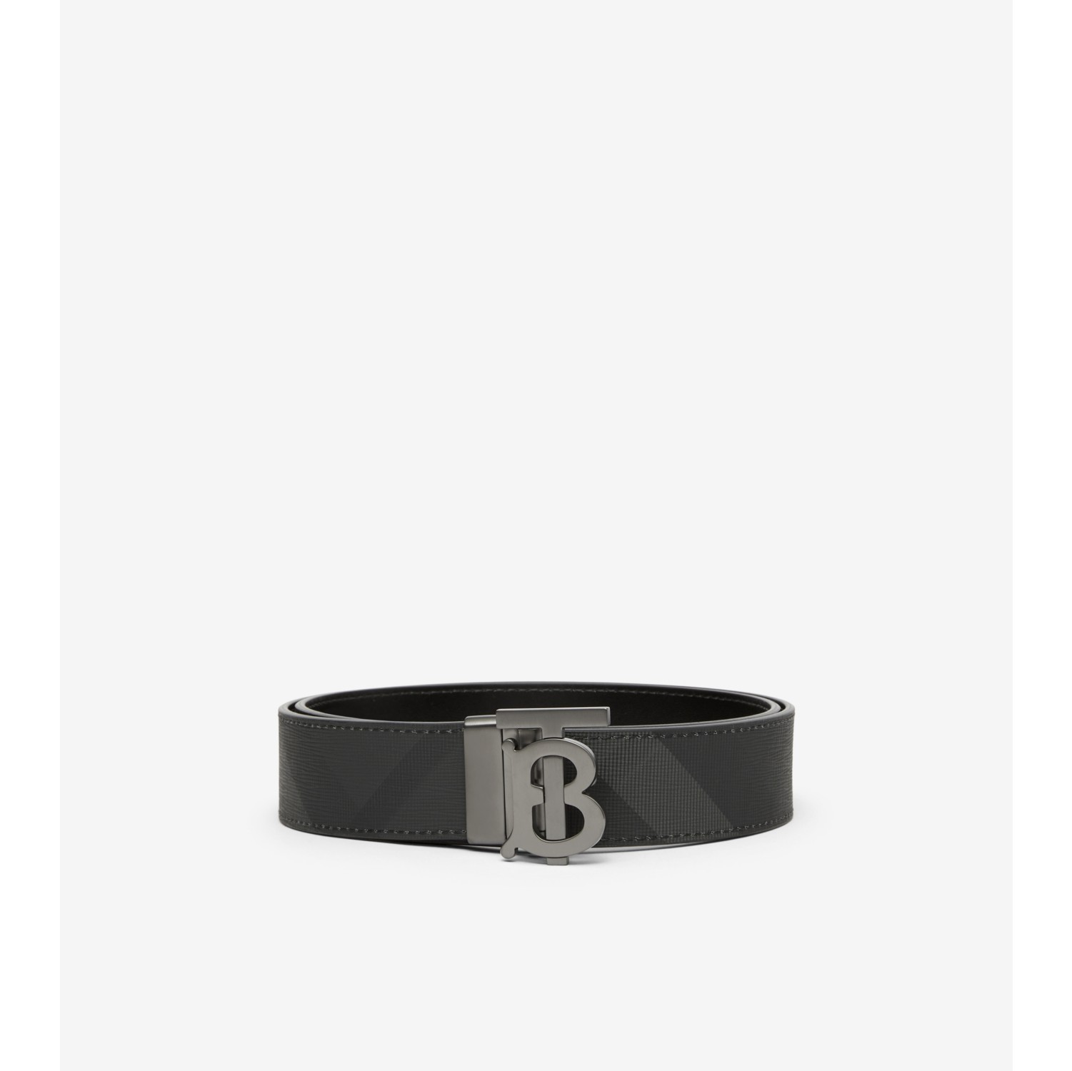 Check and Leather Reversible TB Belt in Charcoal graphite Men Burberry Official