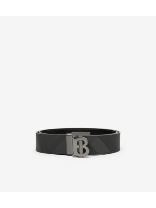 Burberry Check And Leather Reversible Tb Belt In Black