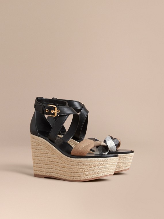 Sandals For Women Burberry Leather and House Check Platform Espadrille Wedge Sandals in Black - Sandals For Women Burberry