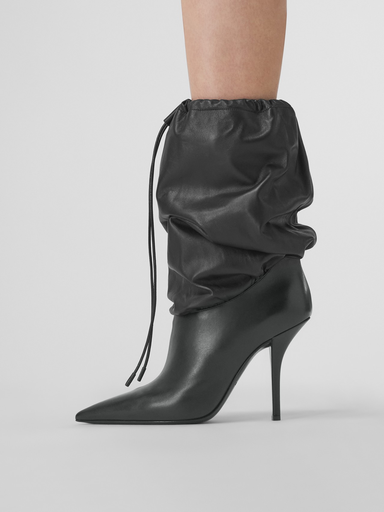 Leather and Plongé Lambskin Drawcord Boots in Black