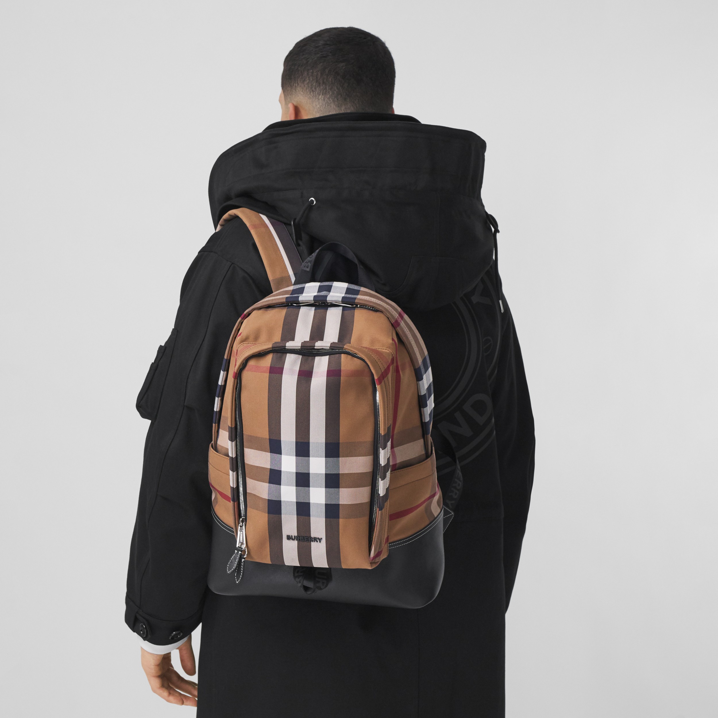 Large Check Cotton Canvas and Leather Backpack in Birch Brown Men