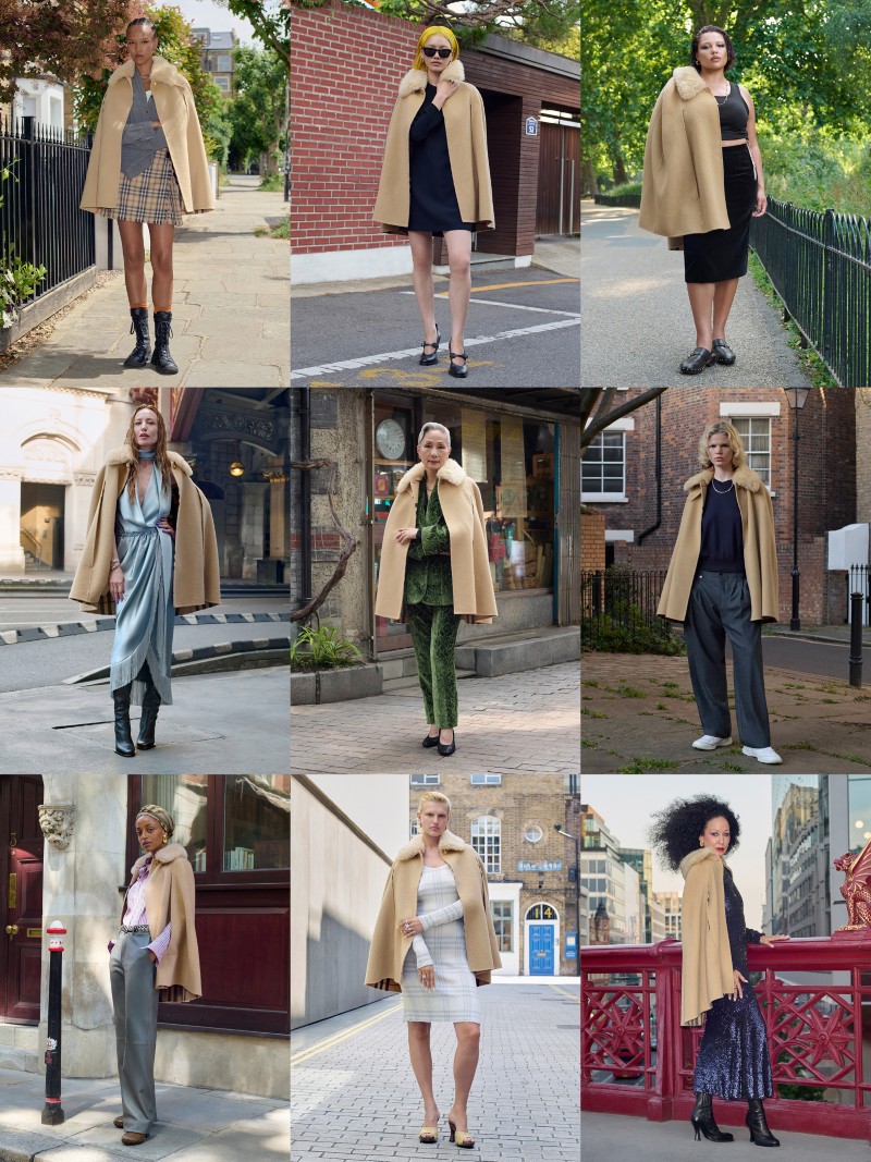 Grid of 9 Shots of a mixture of personalities & Burberry employees wearing the St Lune Cape in colour Sand