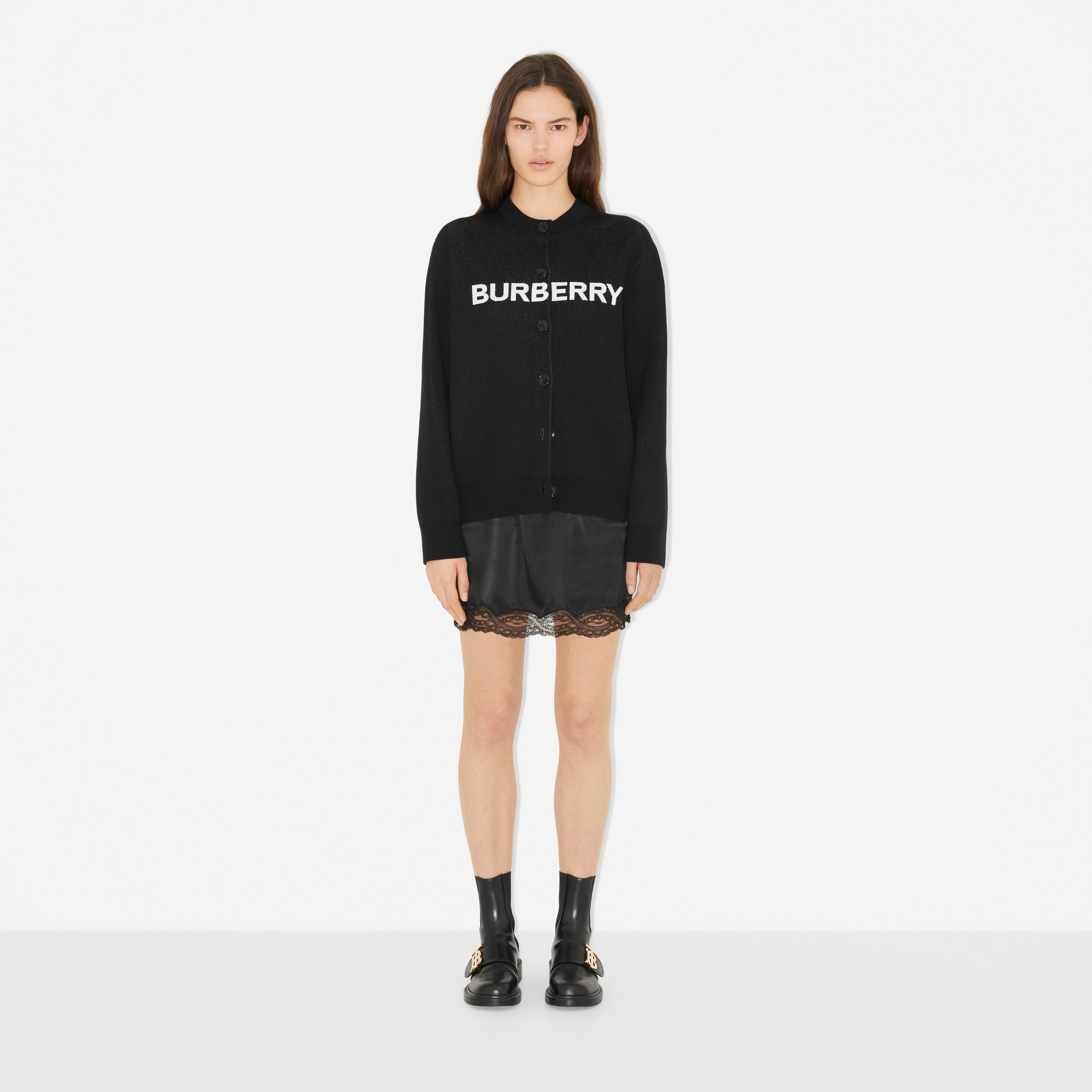 Logo Wool Cotton Jacquard Oversized Cardigan in Black - Women | Burberry® Official - 2