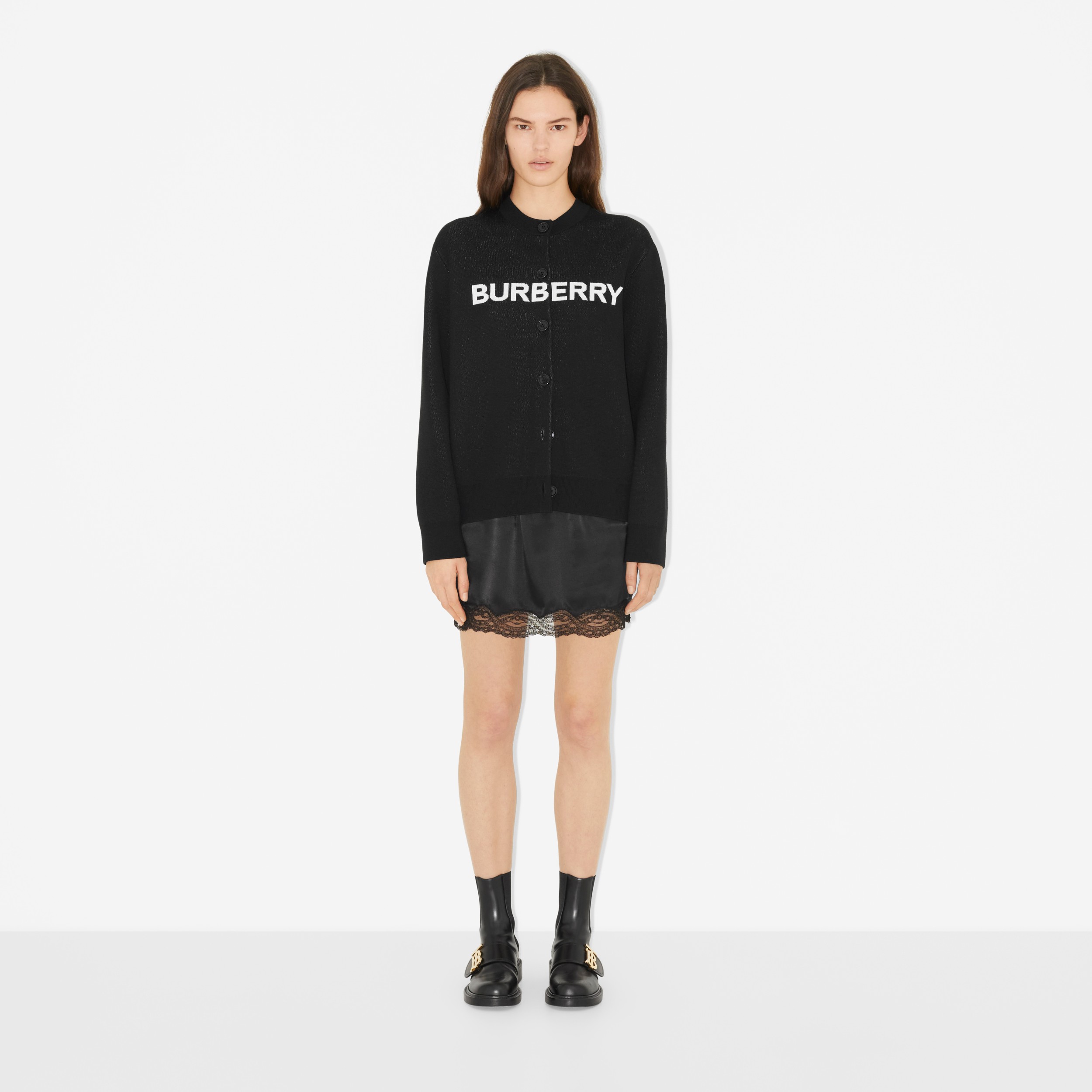 Logo Wool Cotton Jacquard Oversized Cardigan in Black - Women | Burberry® Official - 2