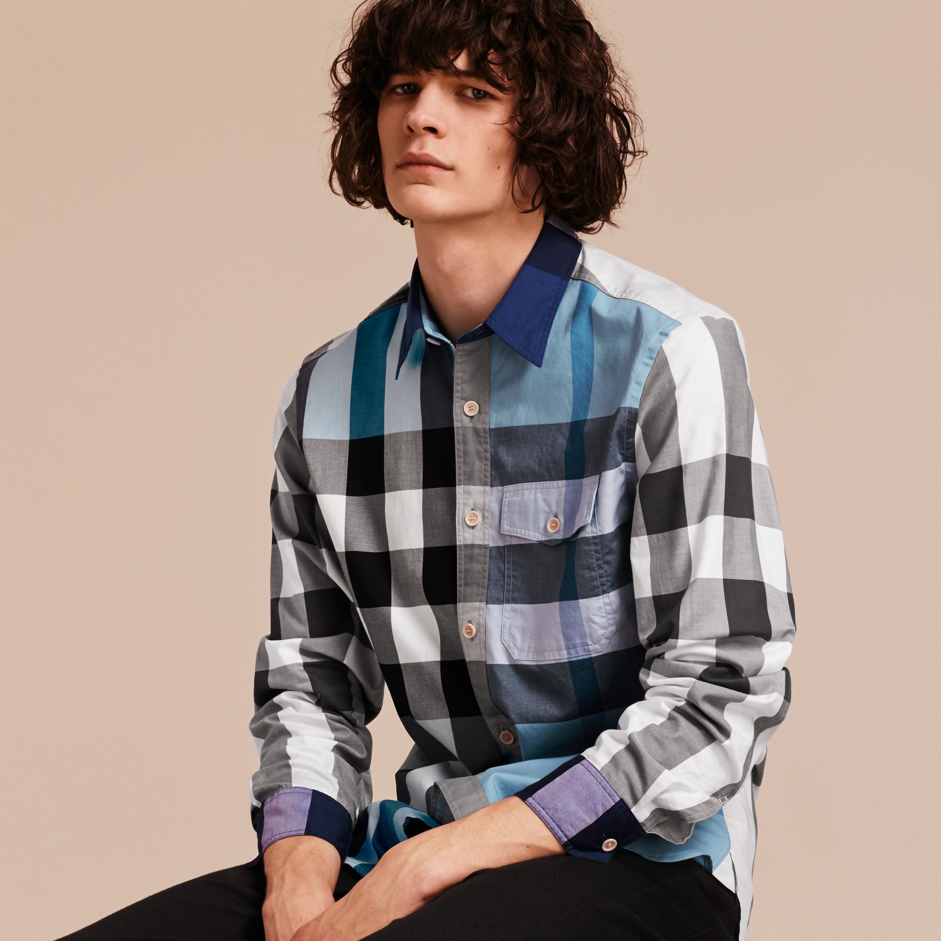 Check Cotton Poplin Shirt in Pale Blue - Men | Burberry United States
