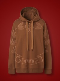 Dark Birch Brown Embroidered Oak Leaf Crest Cotton Hoodie