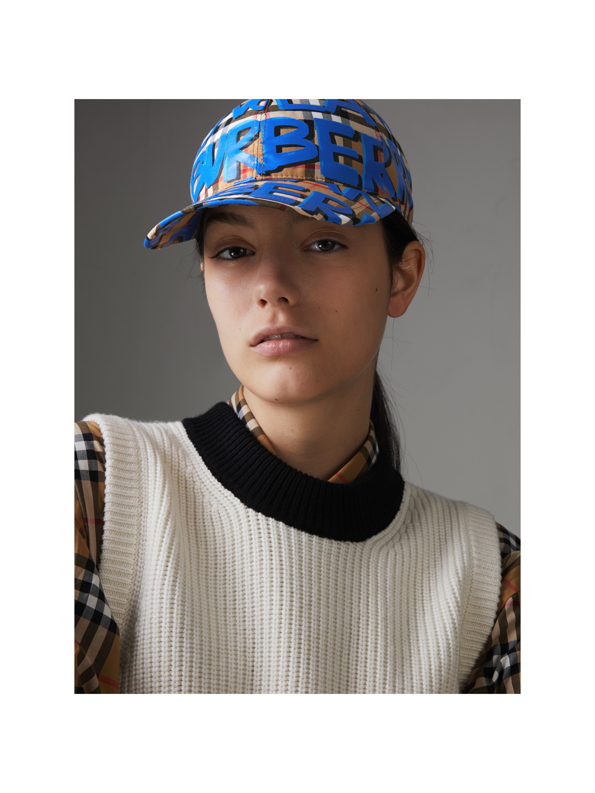 蓝色vintage 格纹涂鸦印花棒球帽 产品图片21