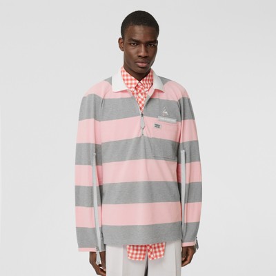 Striped Cotton Polo Shirt in Pale Pink 