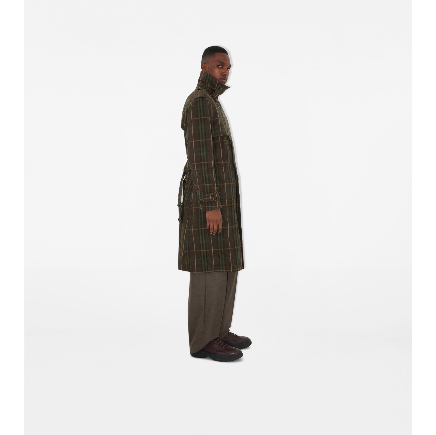 Langer Baumwoll-Trenchcoat in Check