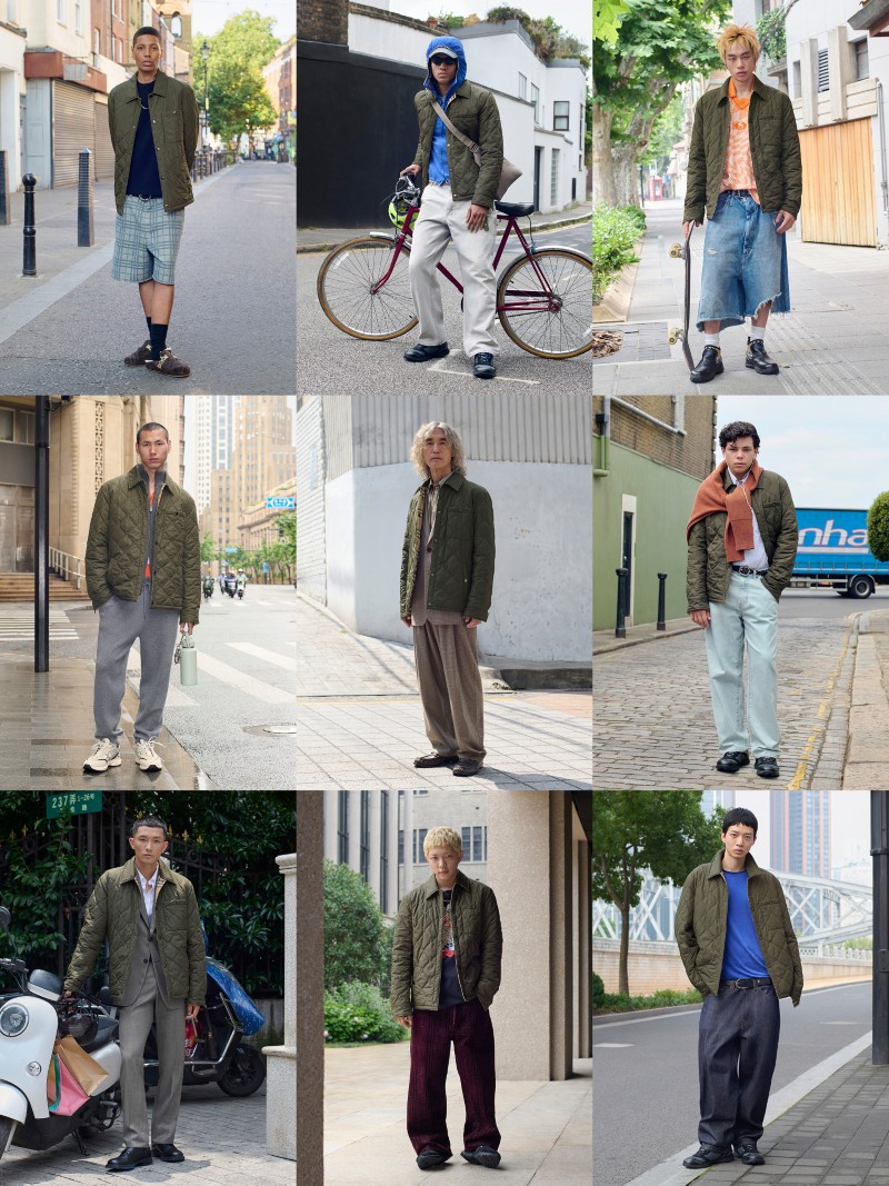 Grid of 9 Shots of a mixture of personalities & Burberry employees wearing the Reversible Quilted Nylon Brighton Overshirt in Shale green