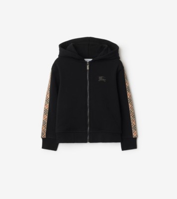 Check Trim Cotton Zip Hoodie in Black | Burberry® Official