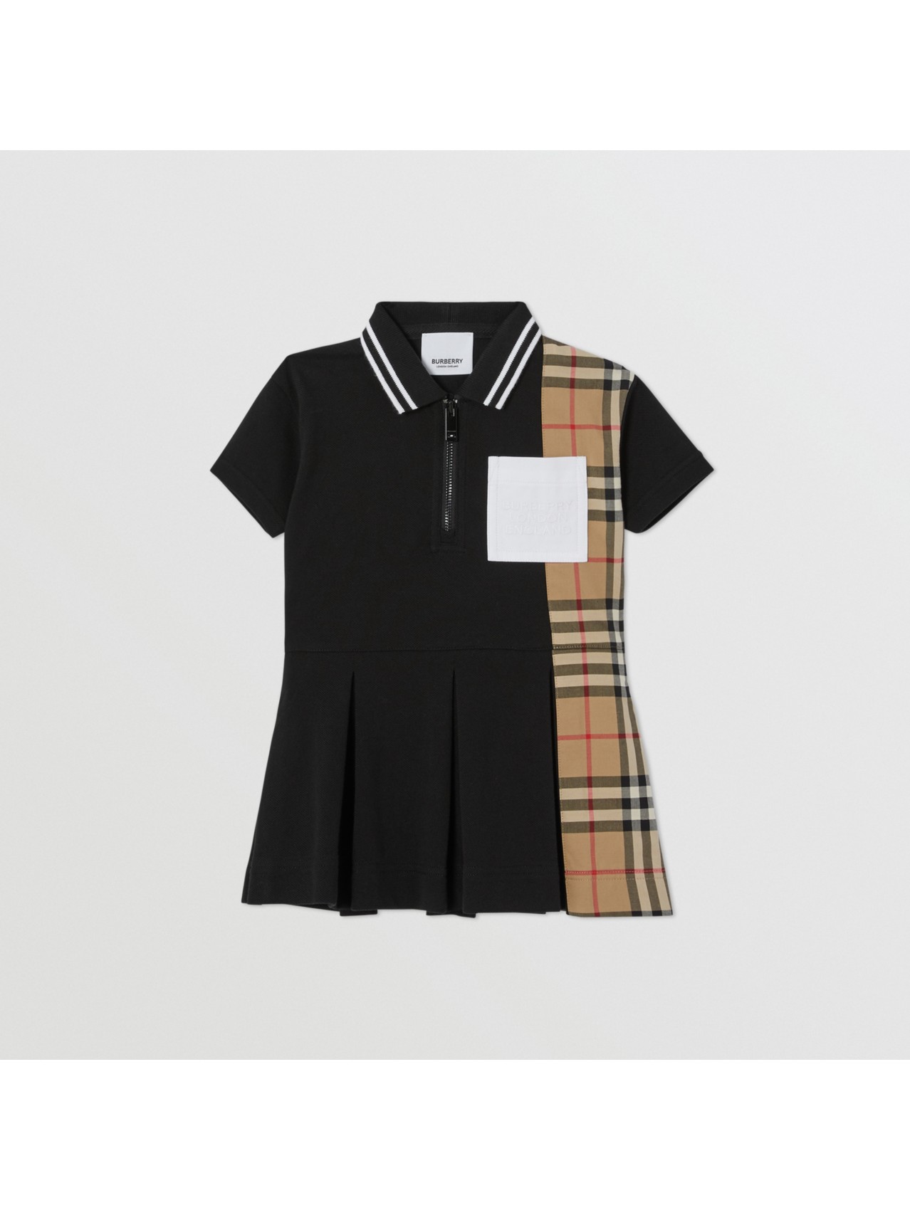 vintage 格纹裁片珠地网眼布棉质 polo 衫式连衣裙 in 黑色