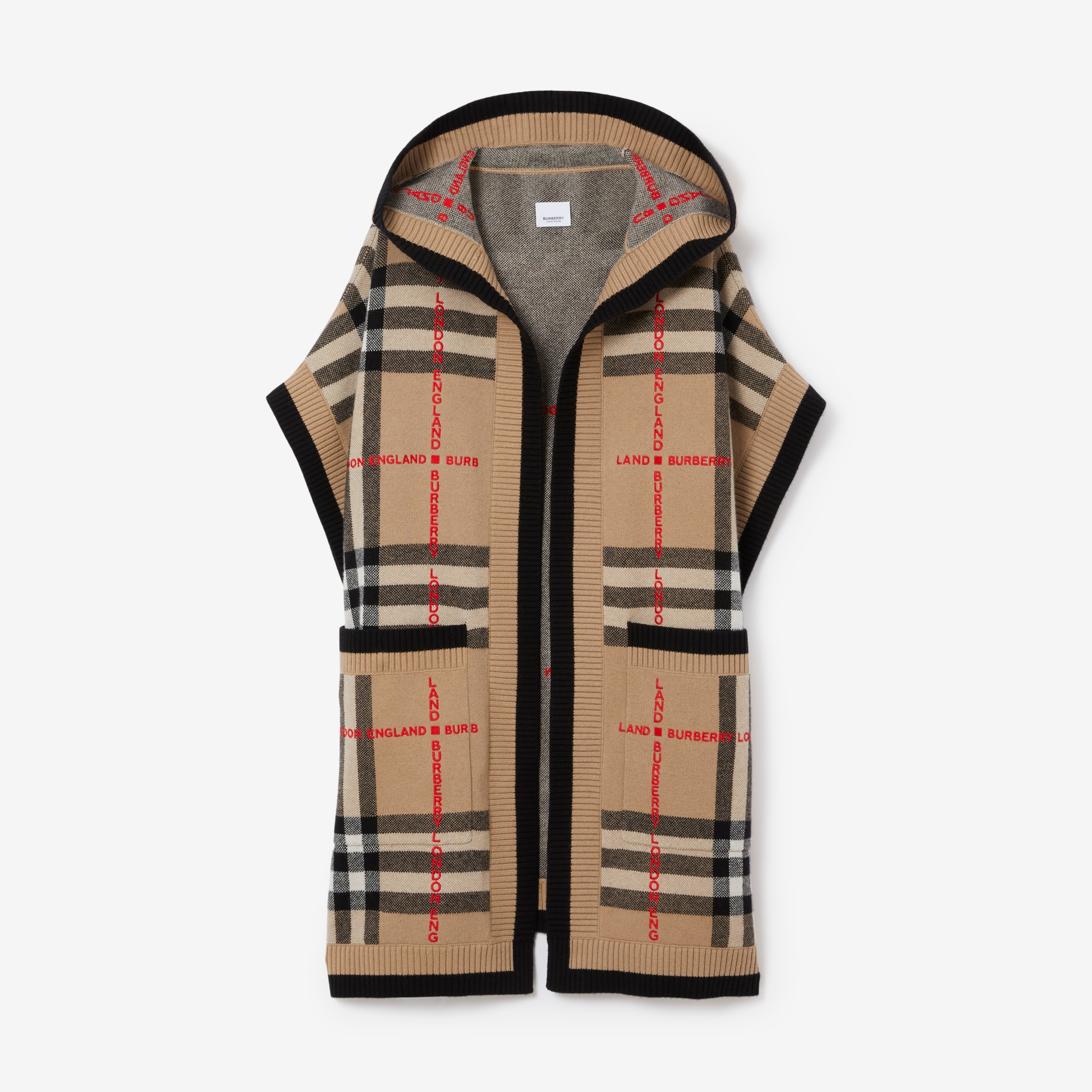 羊毛混纺格纹连帽斗篷(典藏米色) | Burberry® 博柏利官网