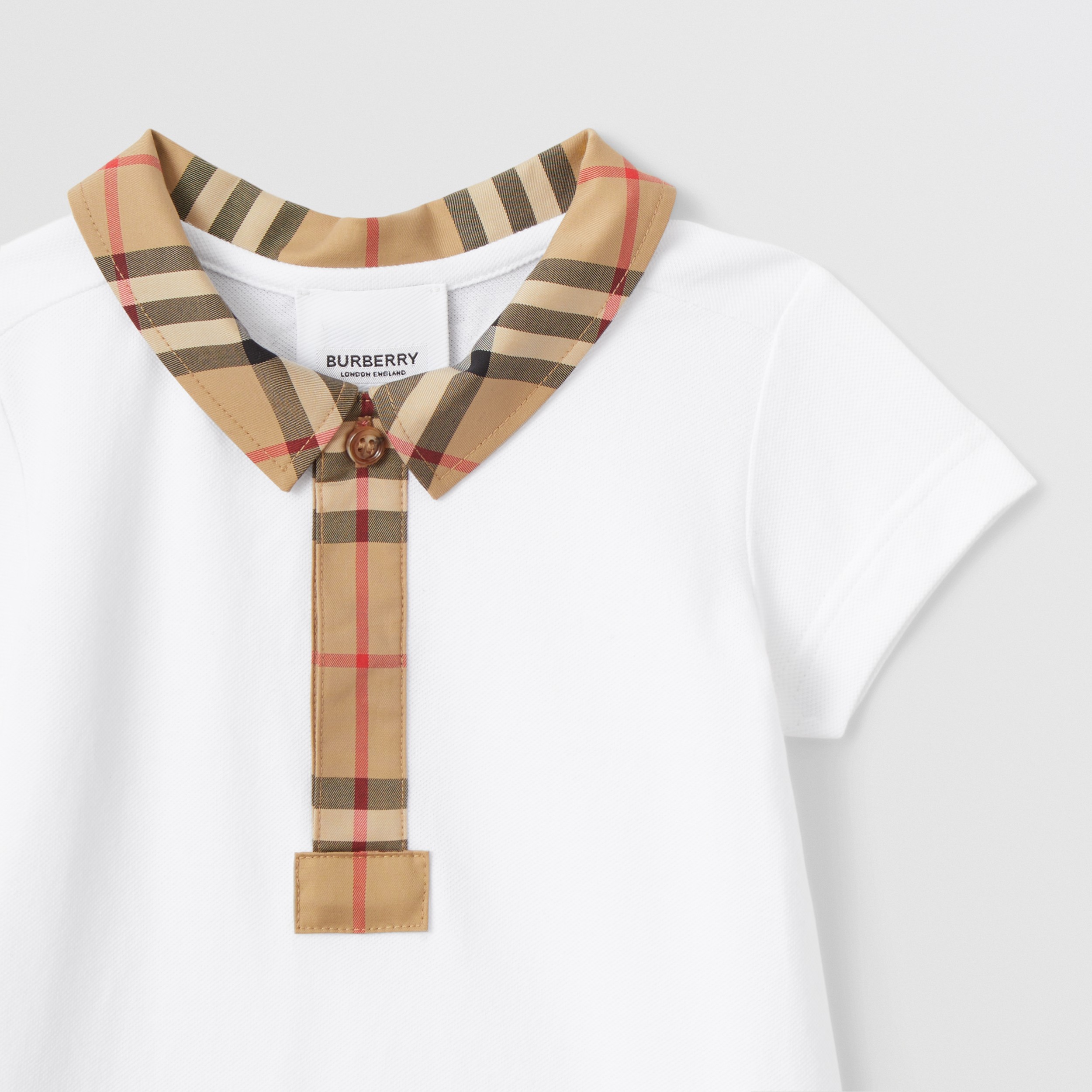 Check Trim Stretch Cotton Piqué Playsuit in White - Children | Burberry® Official - 4